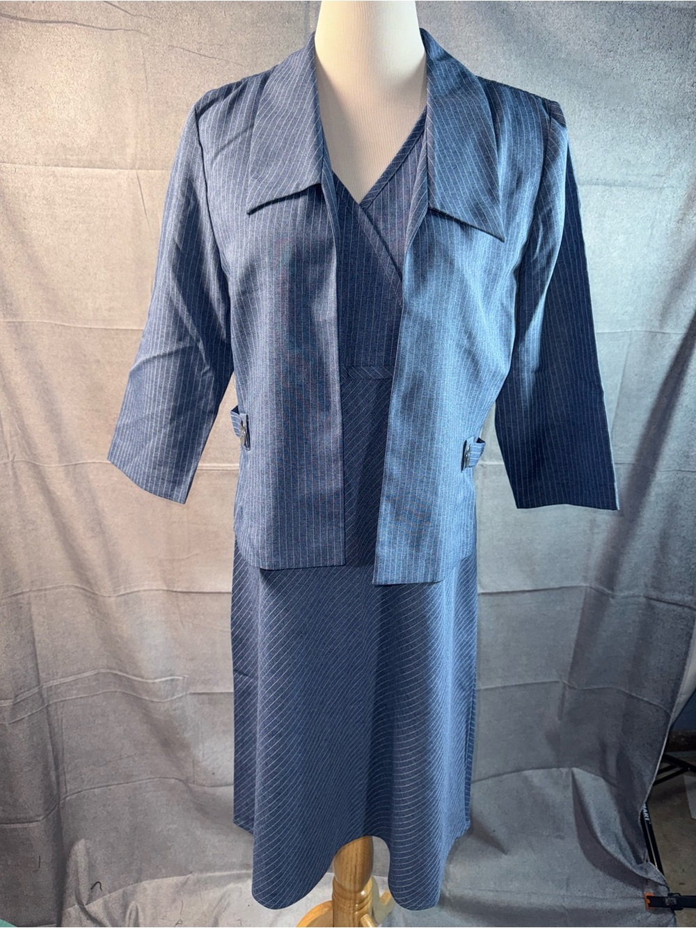 2033-Vintage Dana Kay Navy Pinstripe Blazer and Dress Set